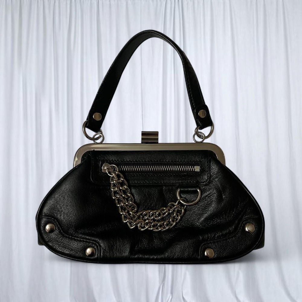 Wilsons Leather Maxima Black Studded Kisslock Mini Clutch Bag Chain Accents